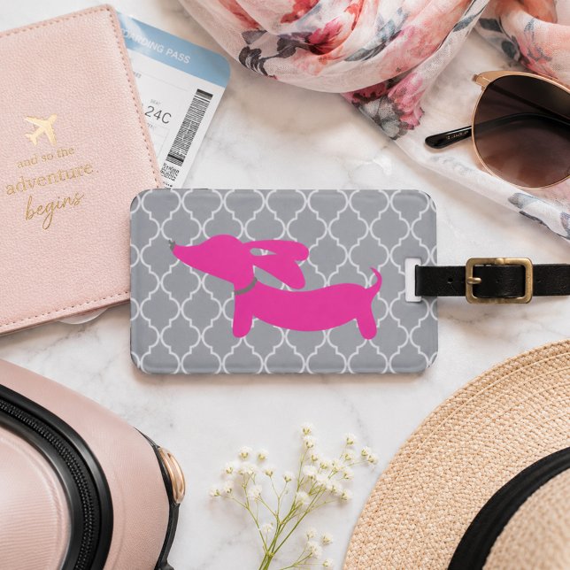 Dachshund Bagagetagg Rosa & Grå Bagagebricka (Wiener dog luggage tag pink and gray)