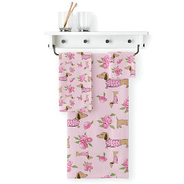 Dachshund Bath Towel Set Doxie + Peonies Blommigt