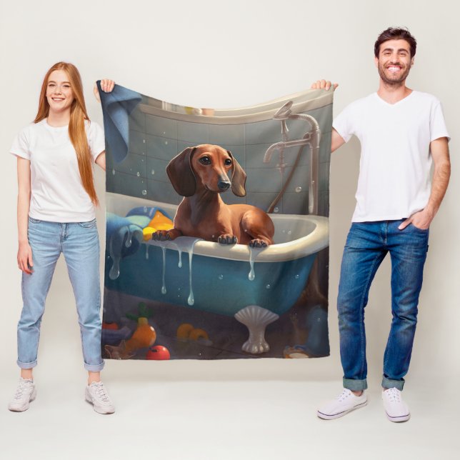 Dachshund Bathtime-Roligt Fleecefilt (På plats)