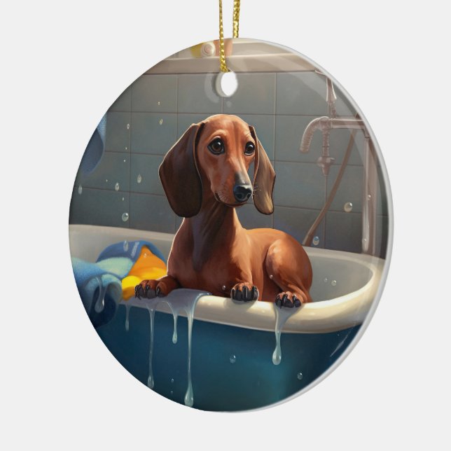 Dachshund Bathtime-Roligt Julgransprydnad Keramik (Vänster)