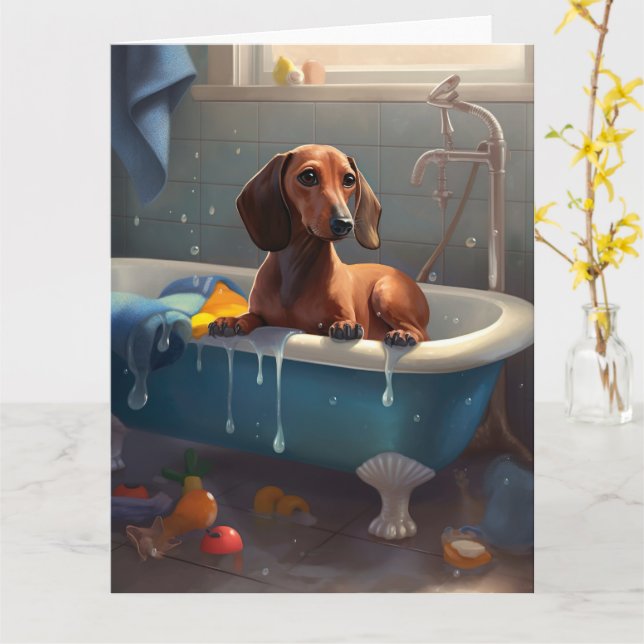 Dachshund Bathtime-Roligt Kort (Gul blomma)