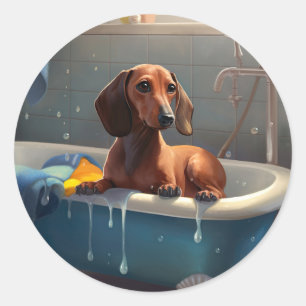 Dachshund Bathtime-Roligt Runt Klistermärke