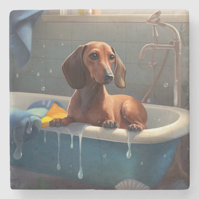 Dachshund Bathtime-Roligt Stenunderlägg (Framsidan)