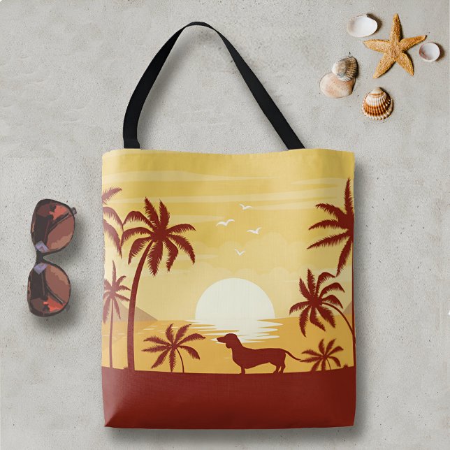 Dachshund Beach Bag a Sunset Handflatan Träd Tygkasse (Dachshund sunset palm trees ocean beach bag for wiener dog mamas)