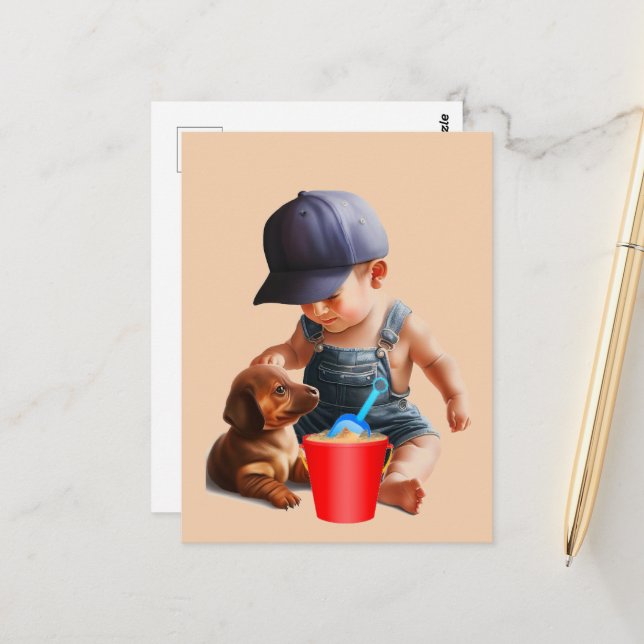 Dachshund Beach Day Postcard Art Vykort (Fram/Back In Situ)