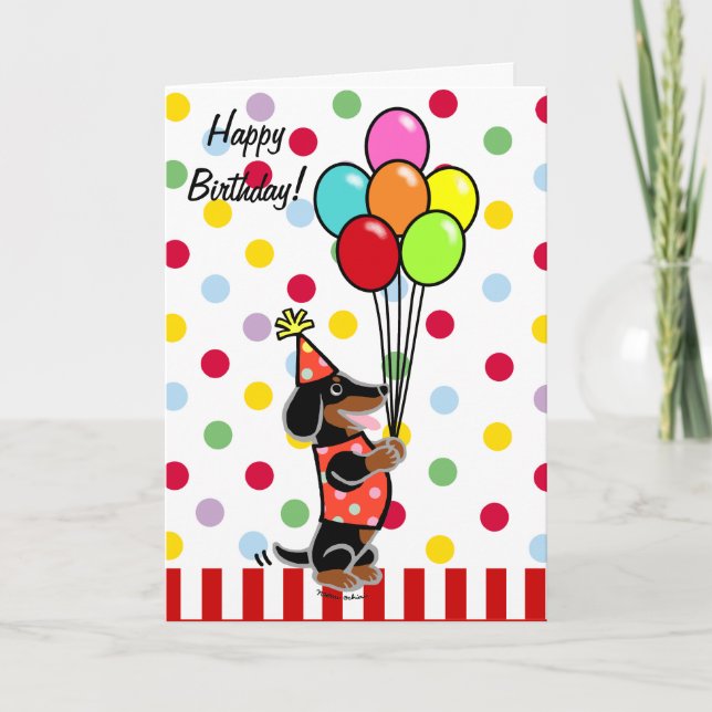 Dachshund Birthday Tecknad Balloons Kort (Framsida)