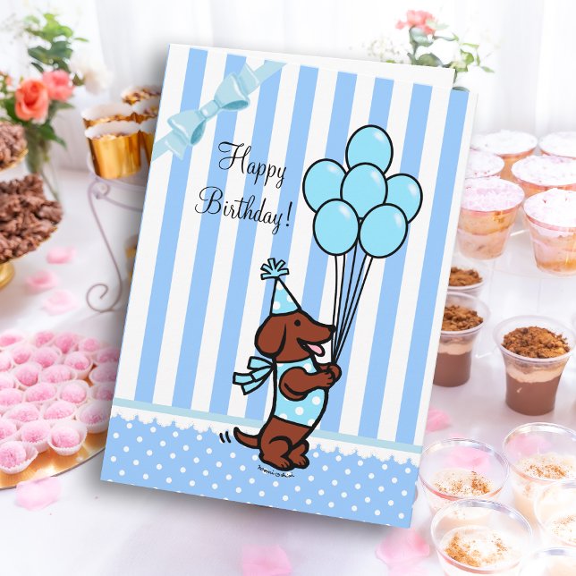 Dachshund Birthday Tecknad Balloons Kort (Dachshund Cartoon Birthday Light Blue Balloons Greeting Card for Dachshund Owners!  Cute Dog design.)