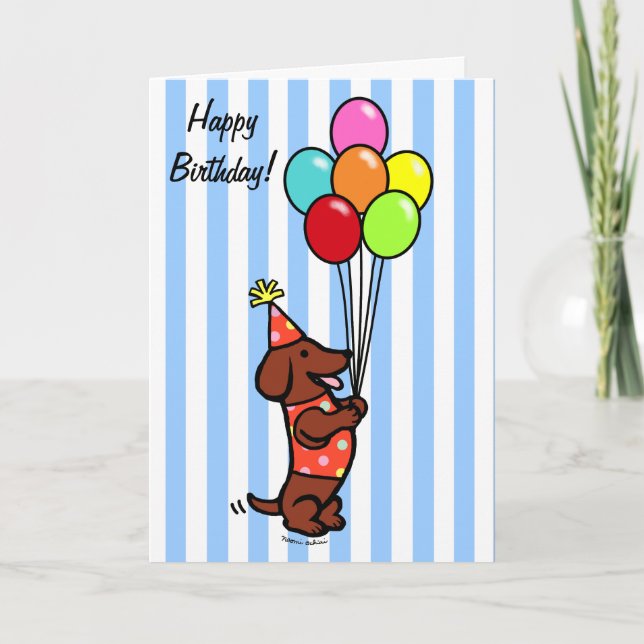 Dachshund Birthday Tecknad Balloons Kort (Framsida)
