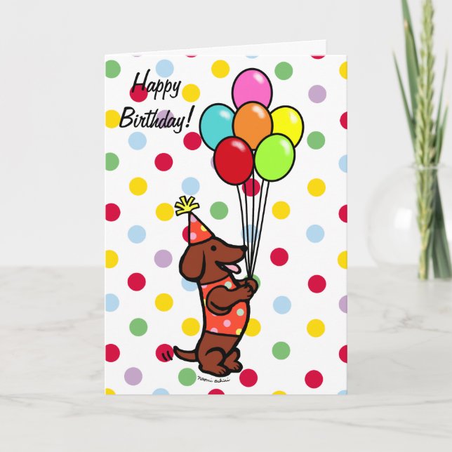 Dachshund Birthday Tecknad Balloons Kort (Framsida)