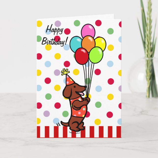 Dachshund Birthday Tecknad Balloons Kort (Framsida)
