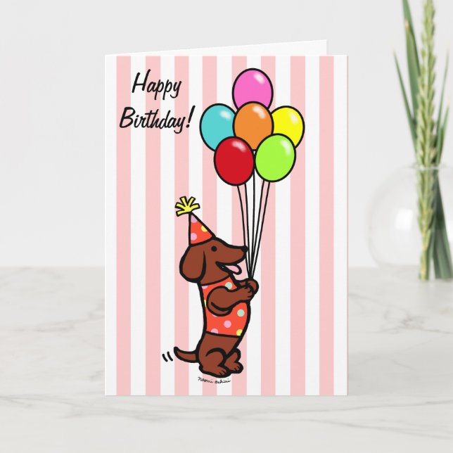 Dachshund Birthday Tecknad Balloons Kort (Framsida)