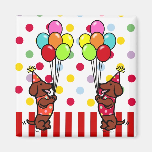 Dachshund Birthday Tecknad Balloons Magnet (Framsidan)