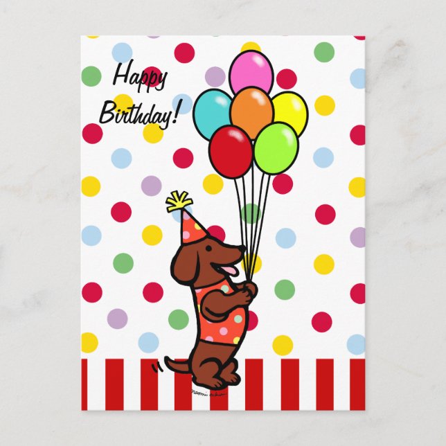 Dachshund Birthday Tecknad Balloons Vykort (Framsida)