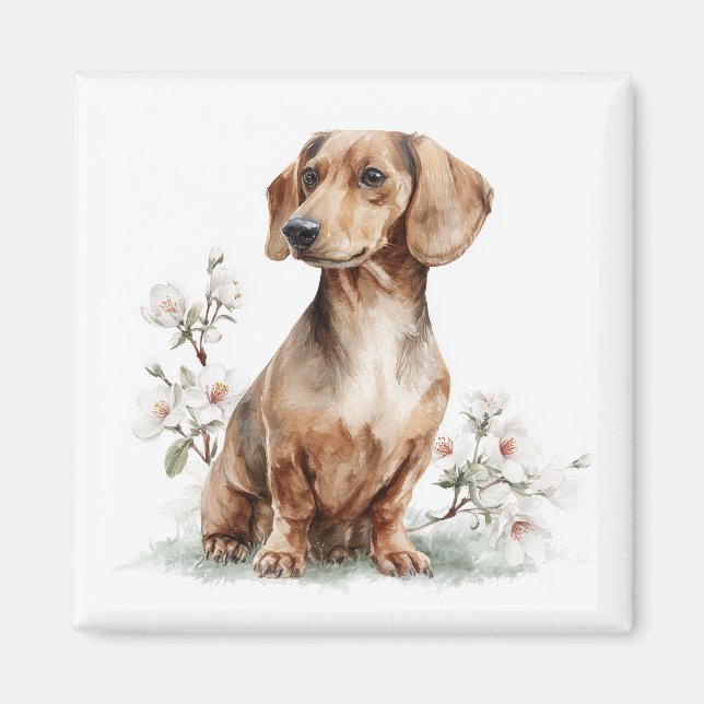 Dachshund Blommig Akvarellkonst Magnet (Framsidan)