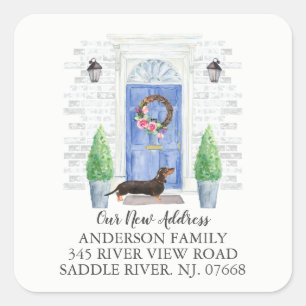 Dachshund Blue Door Ny adress Label-etikett Fyrkantigt Klistermärke