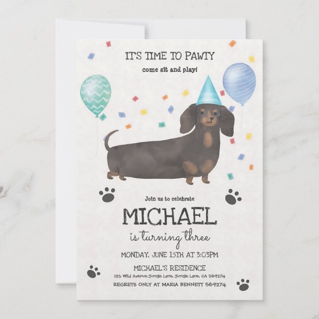 Dachshund Blue Låter Pawty Födelsedag Inbjudningar (Framsida)