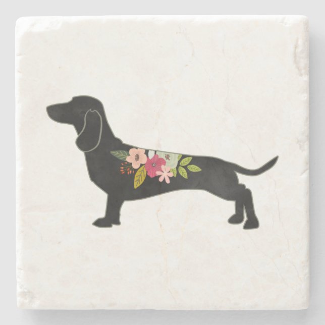 Dachshund Bohemian Blommigt Silhouette Stenunderlägg (Framsidan)
