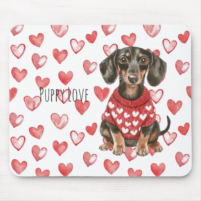 Dachshund Brun Hund Röd Vit Hjärtan Tröja Musmatta (Framsidan)