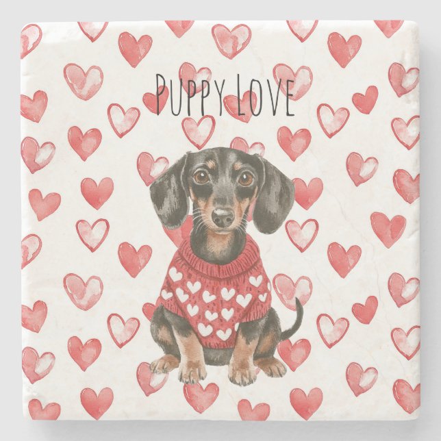 Dachshund Brun Hund Röd Vit Hjärtan Tröja Stenunderlägg (Framsidan)