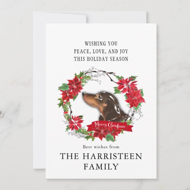 Dachshund brun vattenfärg Poinsettia jul Julkort (Framsida)