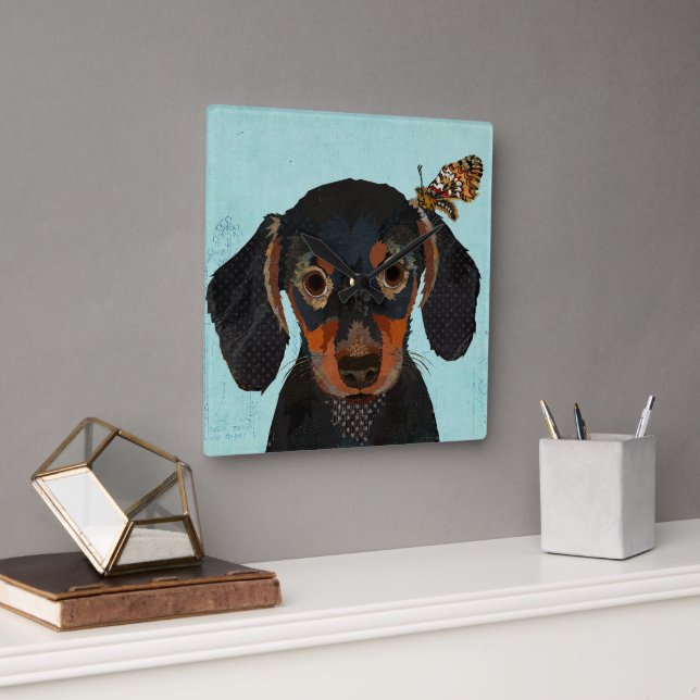 DACHSHUND & BUTTERFLY FYRKANTIG KLOCKA (Kontor)