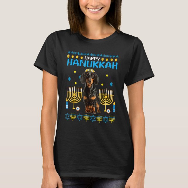 Dachshund Chanukah Jewish Ugly Hanukkah Sweater Pa T Shirt (Framsida)
