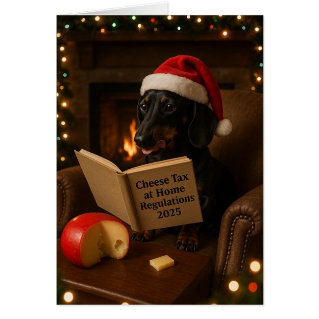 Dachshund 'Cheese Tax' Christmas card Hälsningskort (Framsidan)