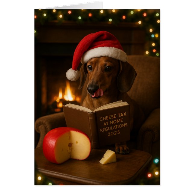 Dachshund 'Cheese Tax' Christmas card Hälsningskort (Framsidan)
