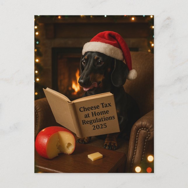 Dachshund 'Cheese Tax' Christmas postcard Vykort (Framsida)