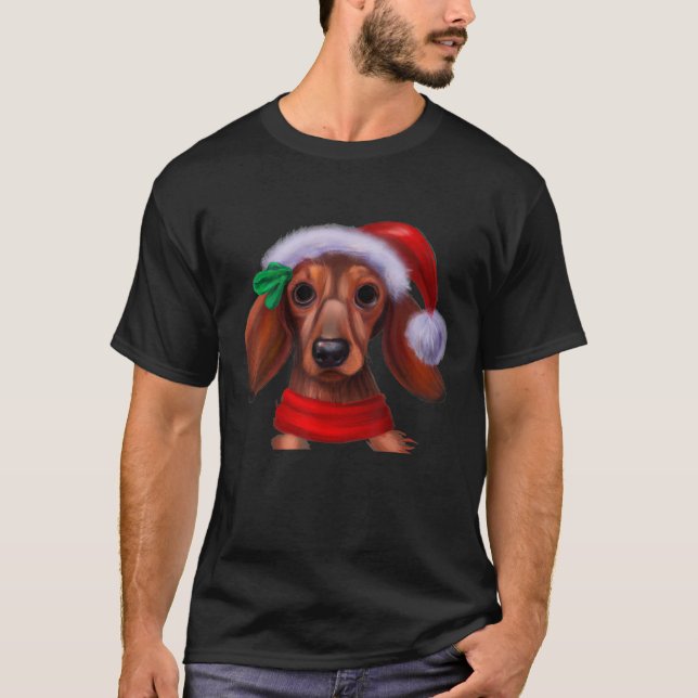 Dachshund Chiweenie Wiener Dog Santa Claus Hat Chr T Shirt (Framsida)