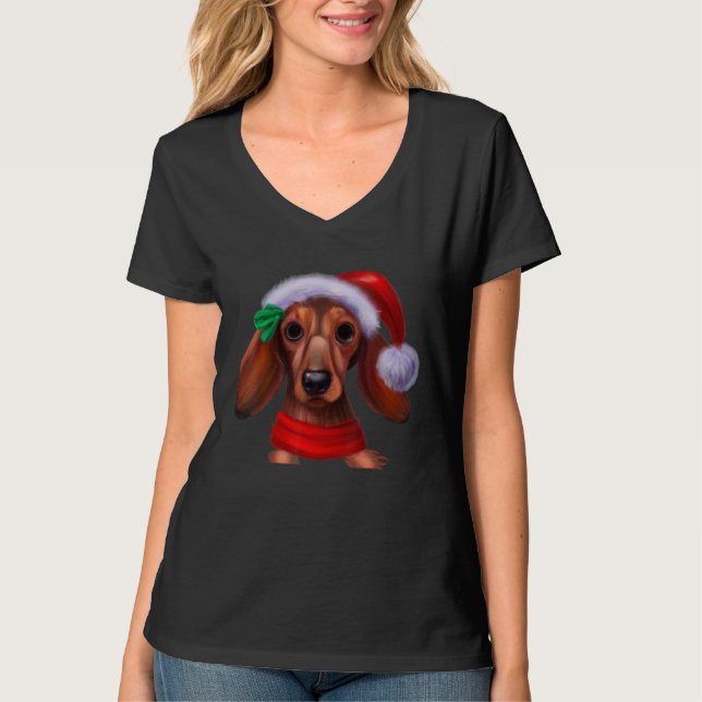 Dachshund Chiweenie Wiener Dog Santa Claus Hat Chr T Shirt (Framsida)