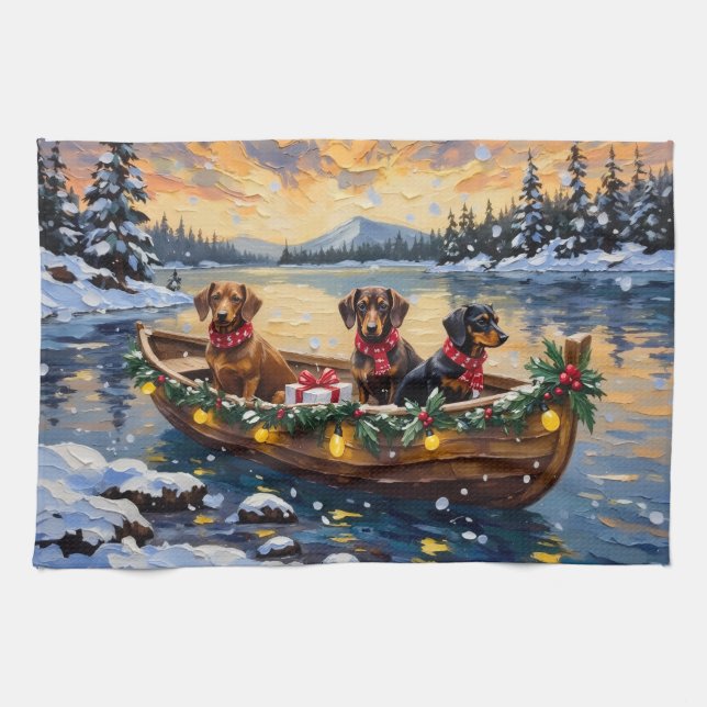 Dachshund Christmas Boat Holiday Kökshandduk (Horisontell)