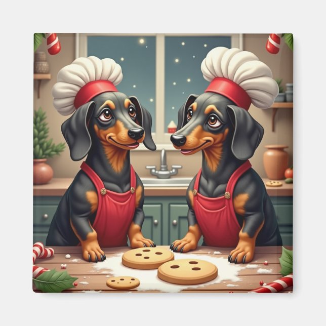 Dachshund Christmas Cookie Bakers Holiday Painting Magnet (Framsidan)