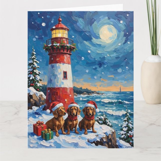 Dachshund Christmas Lighthouse Holiday Kort (Framsida)
