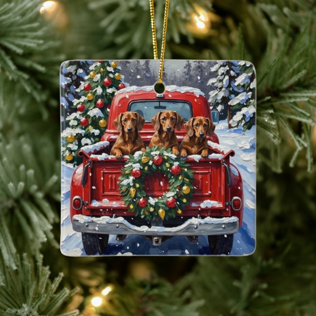 Dachshund Christmas Red Truck Holiday Julgransprydnad Keramik (Träd)
