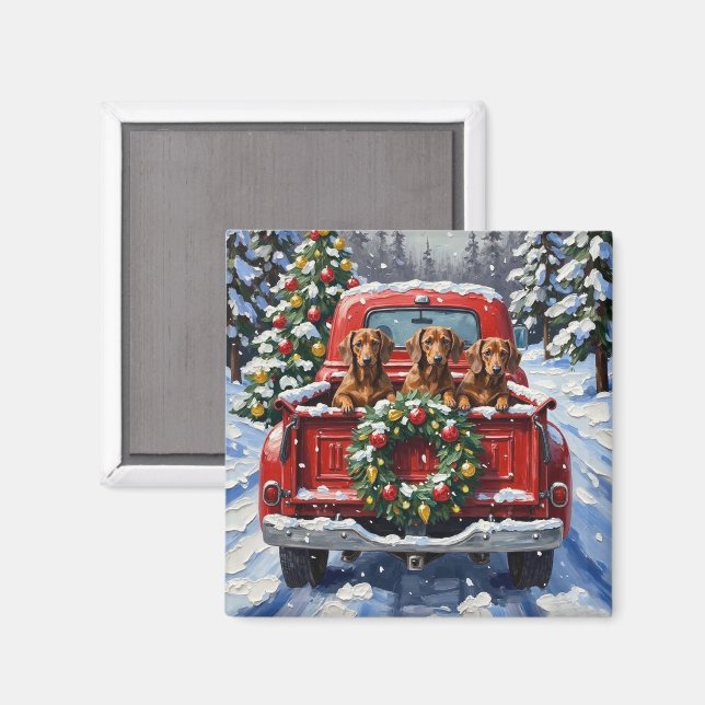 Dachshund Christmas Red Truck Holiday Magnet (Front/Back)
