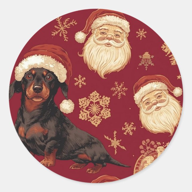 Dachshund christmas runt klistermärke (Framsida)