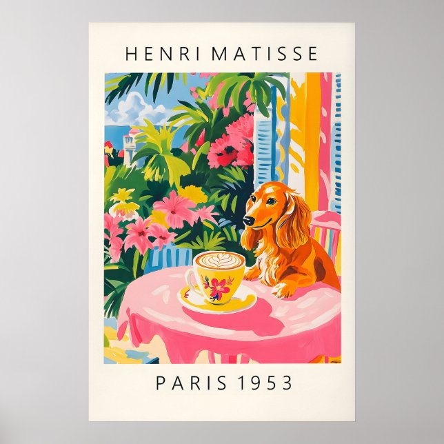 Dachshund Coffee Print Matisse Style Pink Kitchen Poster (Framsidan)