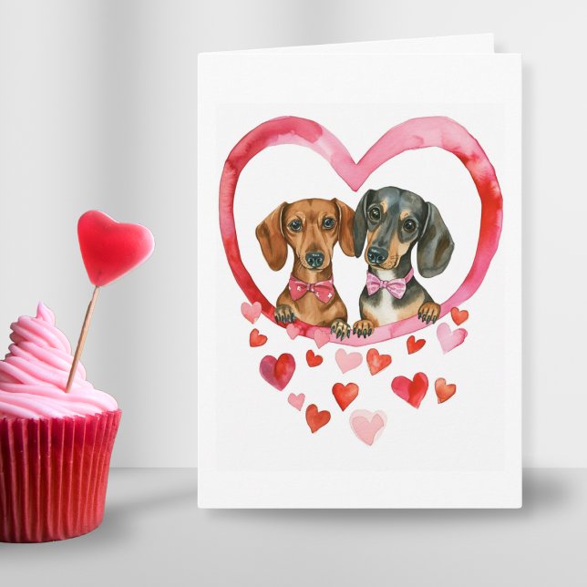 Dachshund Couple Watercolor Personlig söt kärlek Helgkort (sausage dog anniversary couple love dachshund romantic sweet valentines day watercolour dog card)