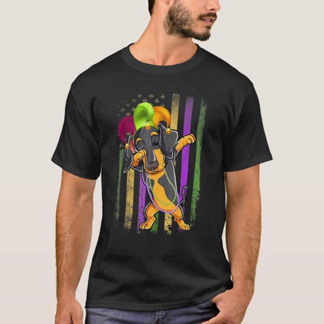Dachshund Dabbing American Flagga Funny Mardi Gras T Shirt (Framsida)