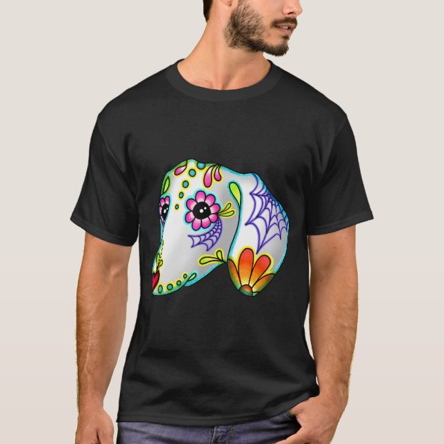Dachshund - Day of the dead Sugar Skull Hund T Shirt (Framsida)
