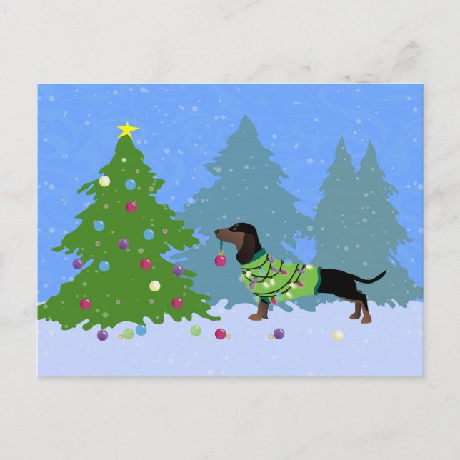 Dachshund Decoration Julgran i skog Helg Vykort (Framsida)