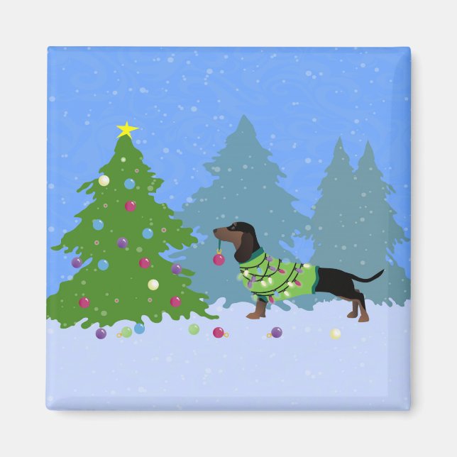 Dachshund Decoration Julgran i skog Magnet (Framsidan)
