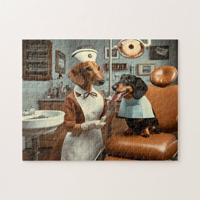 Dachshund Dentist Retro Canine Dental Pussel (Horisontell)