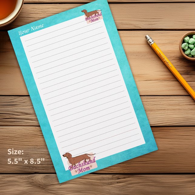 Dachshund Ditt Namn Mamma Turkos Kantad Brevpapper (Dachshund Your Name Mom Teal Edge Lined Stationery which can be Personalized)