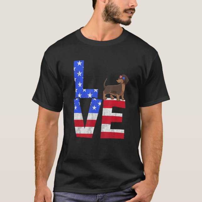 Dachshund Dog American Flag Sunglasses 4th of July T Shirt (Framsida)