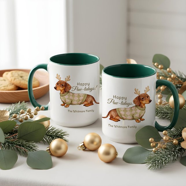 Dachshund Dog Antlers Christmas Checkered Sweater  Mugg (Dachshund Dog Antlers Christmas Checkered Sweater Mug)