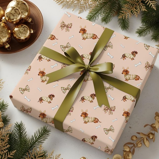 Dachshund Dog Christmas Checkerboard Sweater Bow Presentpapper (Dachshund Dog Christmas Checkerboard Sweater Bow Wrapping Paper)