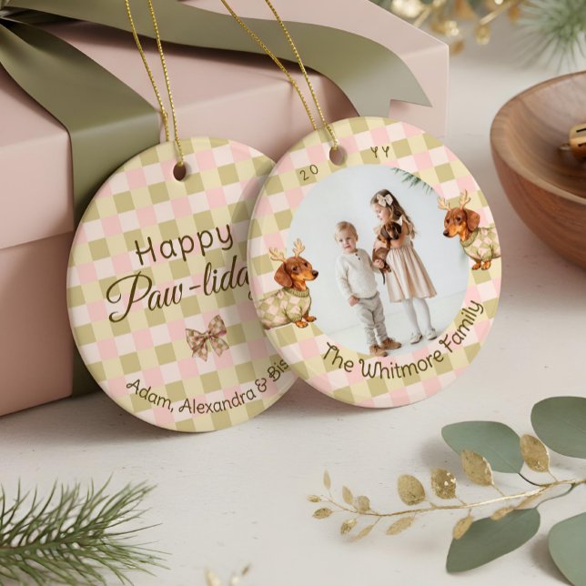 Dachshund Dog Christmas Checkered Sweater Photo Julgransprydnad Keramik (Dachshund Dog Christmas Checkered Sweater Photo Ceramic Ornament)