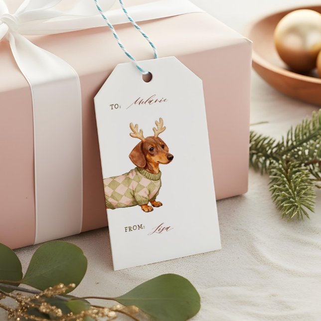 Dachshund Dog Christmas Checkered Sweater Photo Presentetikett (Dachshund Dog Christmas Checkered Sweater Photo Gift Tags)